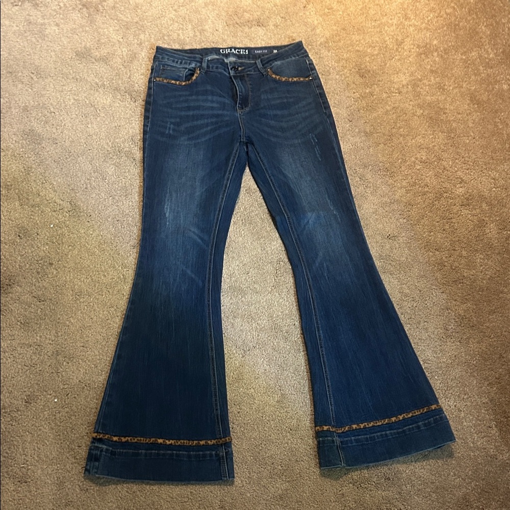 Grace Dark Blue Flare Jeans with Tan Accents